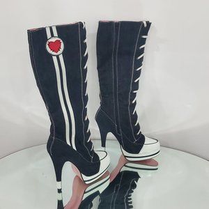 Karol G type Denim Lace-UpBoots/Y2K Bichota Exotic Knee-HighBootHeels w/ Heart ❤
